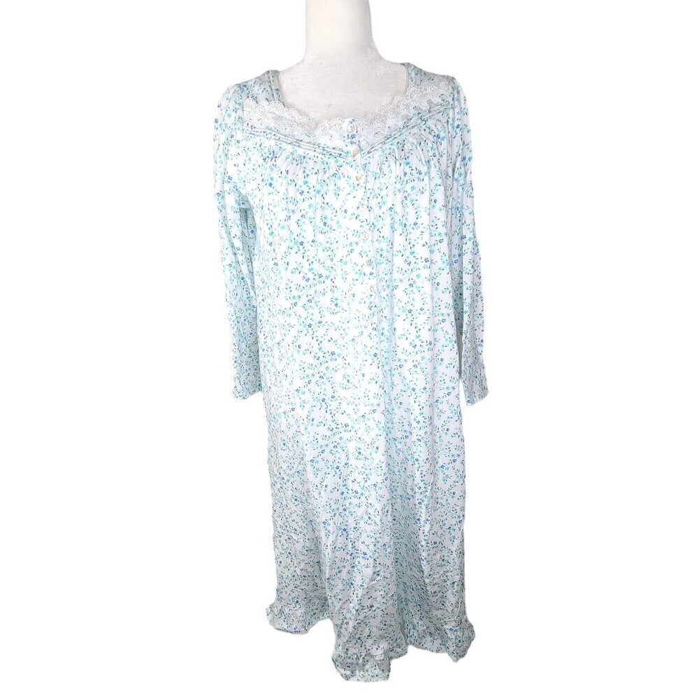Eileen West Blue Floral Nightgown Petite Long Ballet Ruffle Tier Ditsy Whimsy